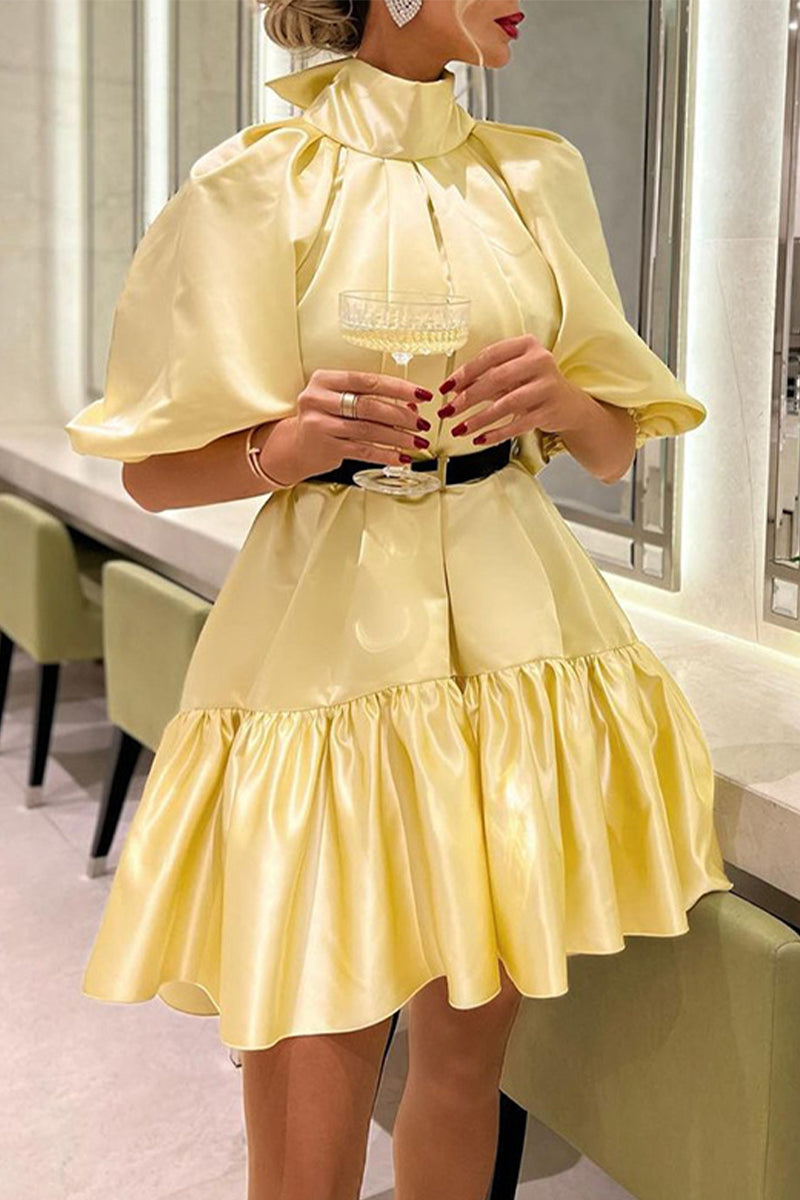 Kaynafashions - Elegant Solid Frenulum With Belt Turtleneck Princess Dresses