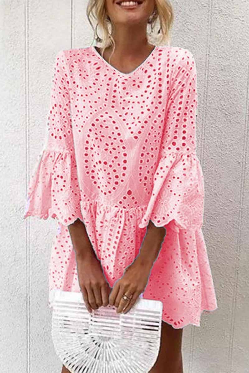 Kaynafashions - Street Solid Flounce V Neck A Line Dresses(4 Colors)