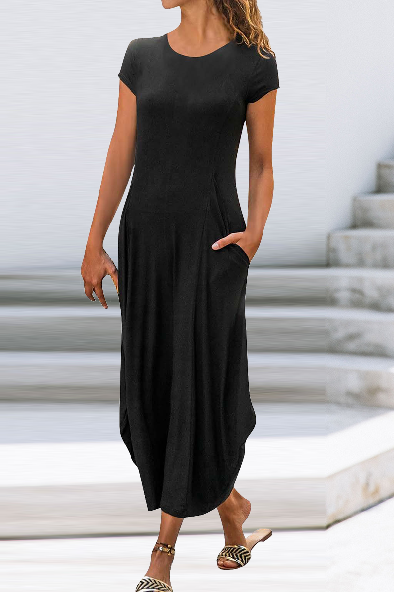 Kaynafashions - Casual Solid Patchwork O Neck Straight Dresses(6 colors)