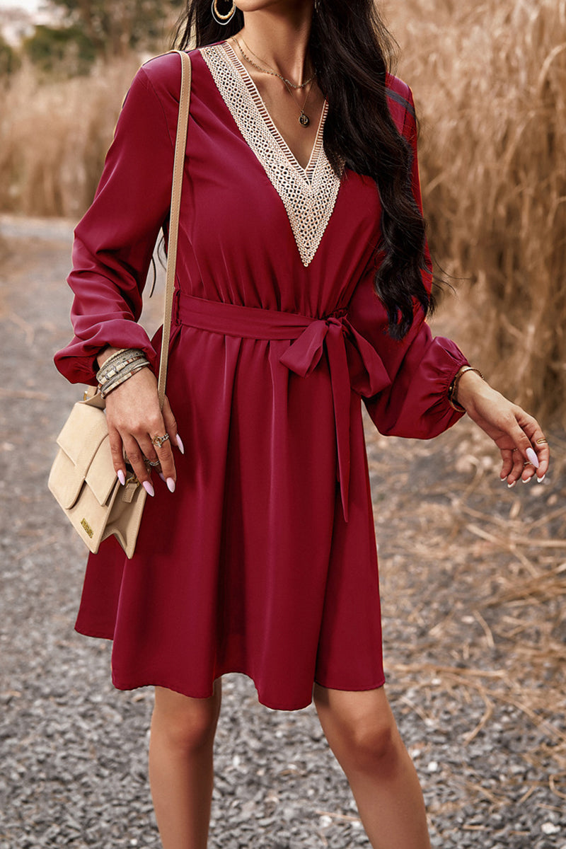 Kaynafashions - Elegant Solid Lace Bandage V Neck A Line Dresses