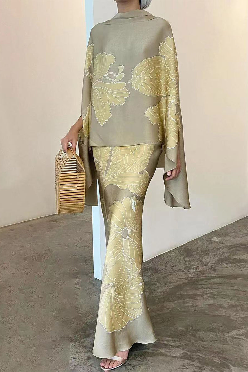 Kaynafashions - Elegant Floral Patchwork Half A Turtleneck Long Sleeve Two Pieces