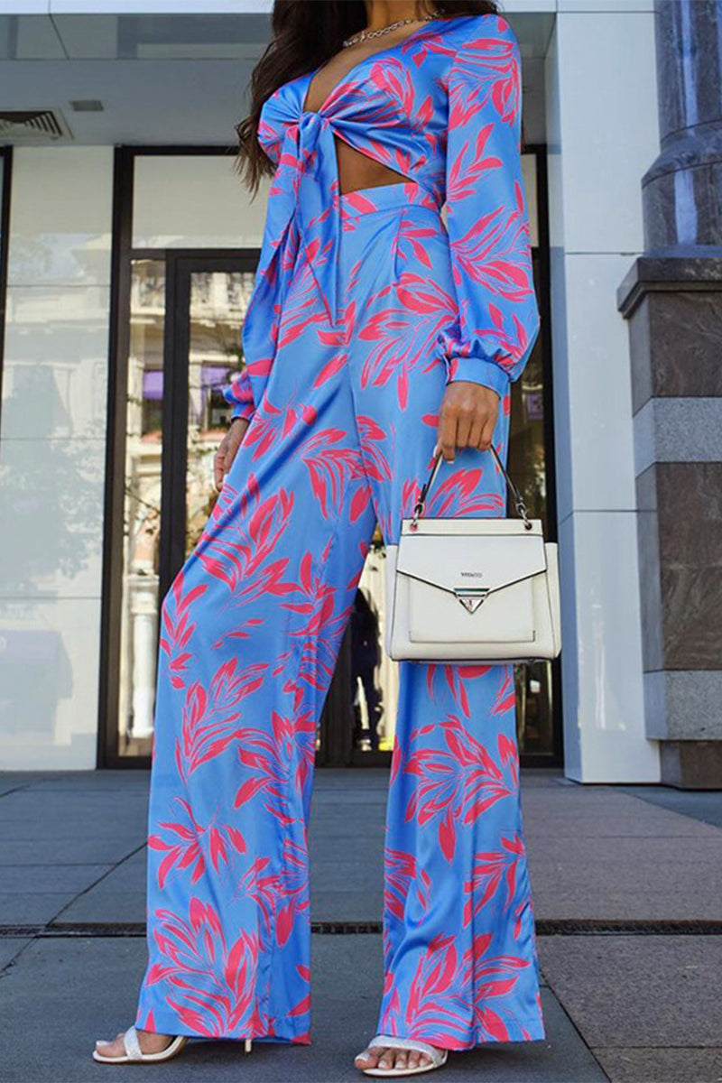 Kaynafashions - Sexy Floral Patchwork V Neck Long Sleeve Two Pieces