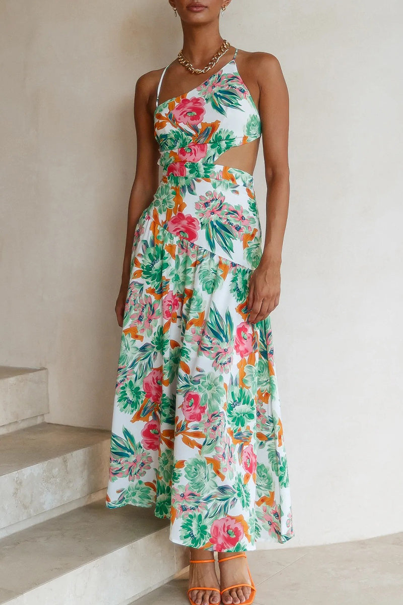 Kaynafashions - Elegant Print Frenulum Oblique Collar A Line Dresses
