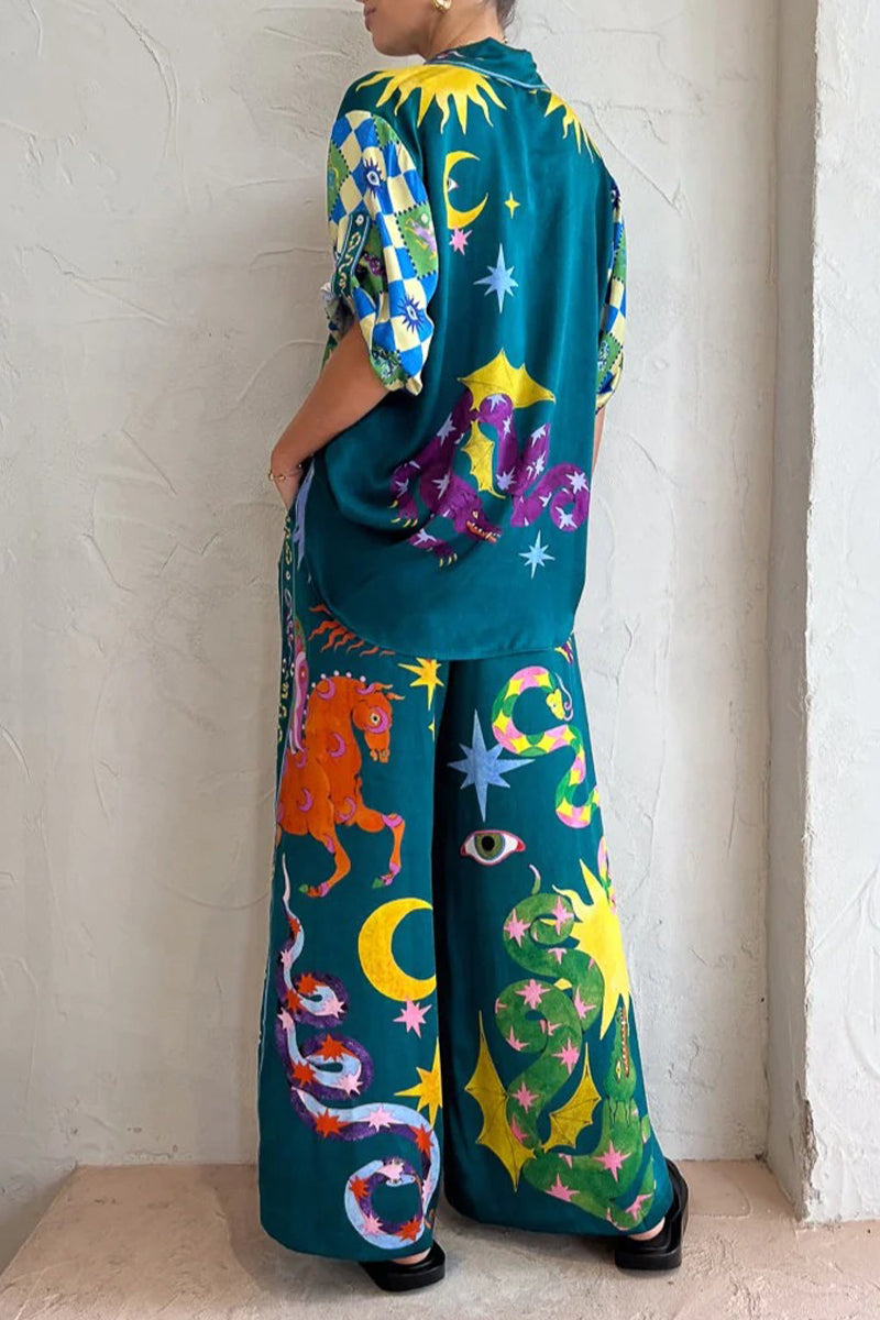 Kaynafashions - Casual Animal Printing Turndown Collar Long Sleeve Two Pieces(3 Colors)