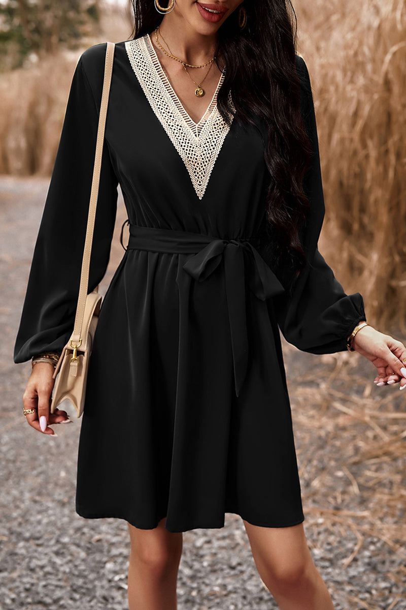 Kaynafashions - Elegant Solid Lace Bandage V Neck A Line Dresses