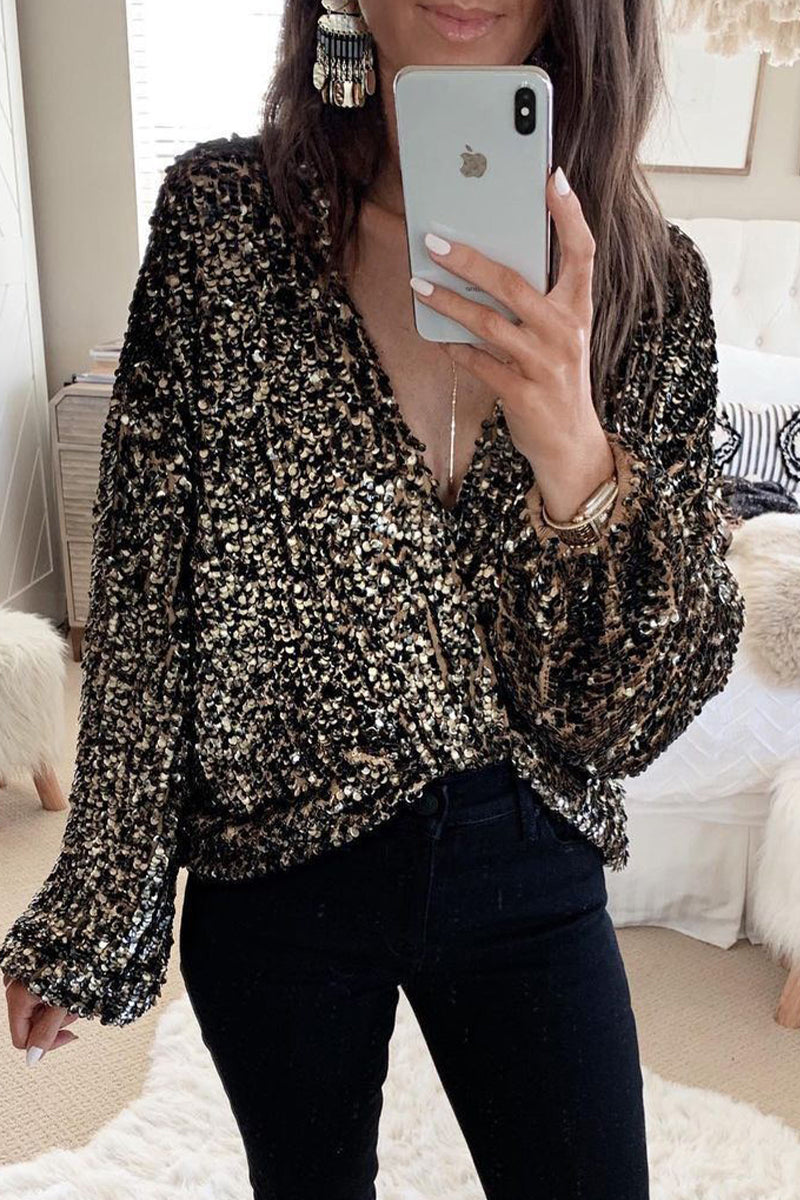 Kaynafashions - Casual Solid Sequins V Neck Tops