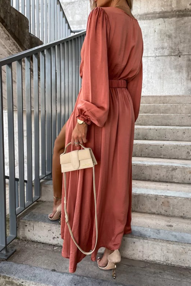 Kaynafashions - Casual Solid Slit V Neck Waist Skirt Dresses(3 Colors)