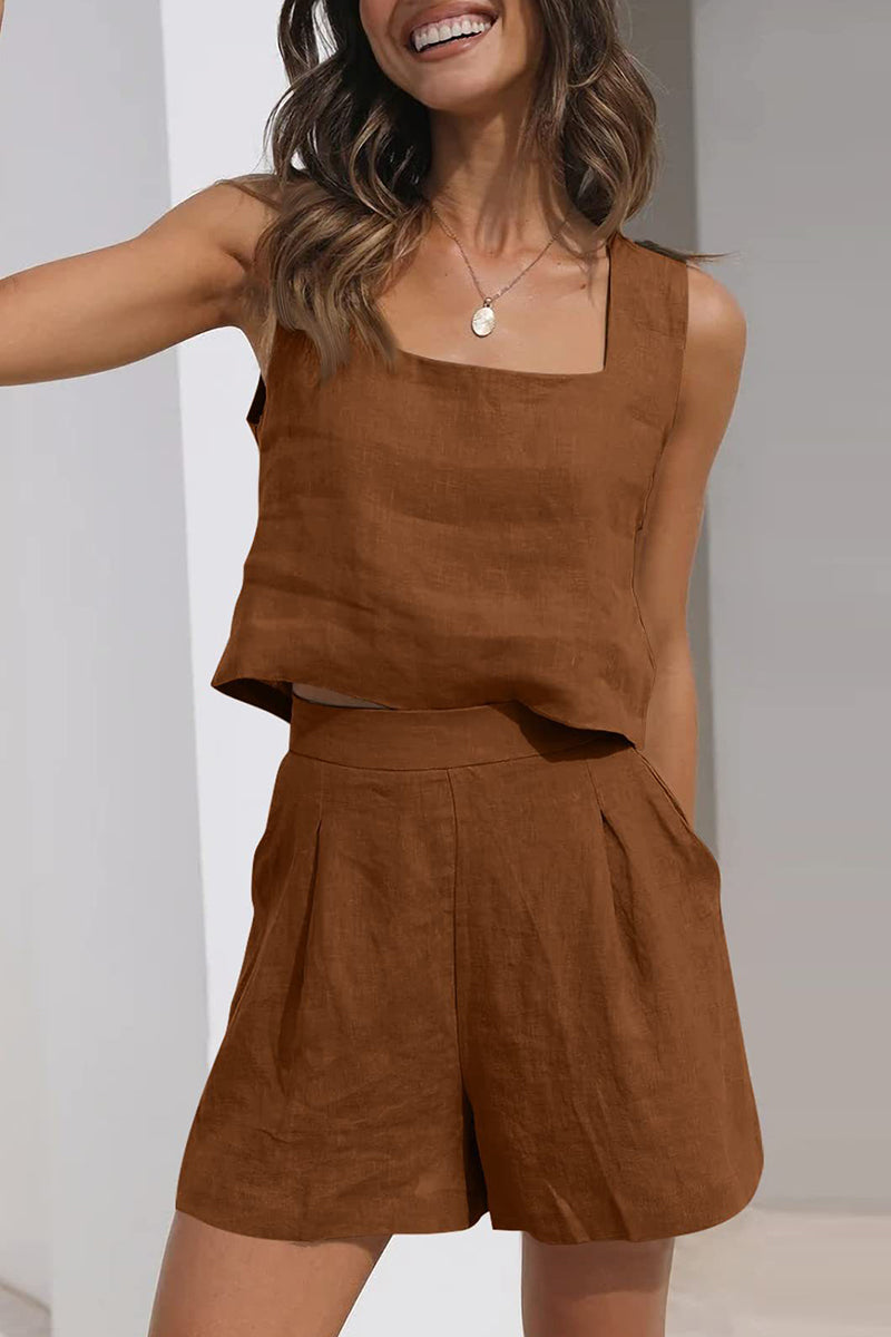 Kaynafashions - Casual Simplicity Solid Pocket Square Collar Sleeveless Two Pieces(16 Colors)