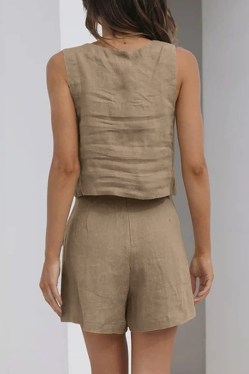 Kaynafashions - Casual Simplicity Solid Pocket Square Collar Sleeveless Two Pieces(16 Colors)