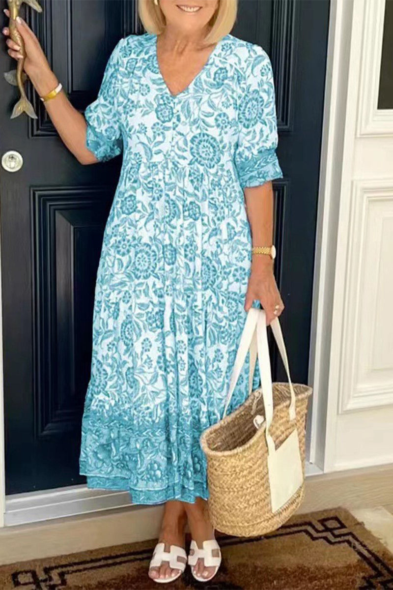 Kaynafashions - Elegant Vacation Tie Dye Patchwork V Neck Printed Dress Dresses