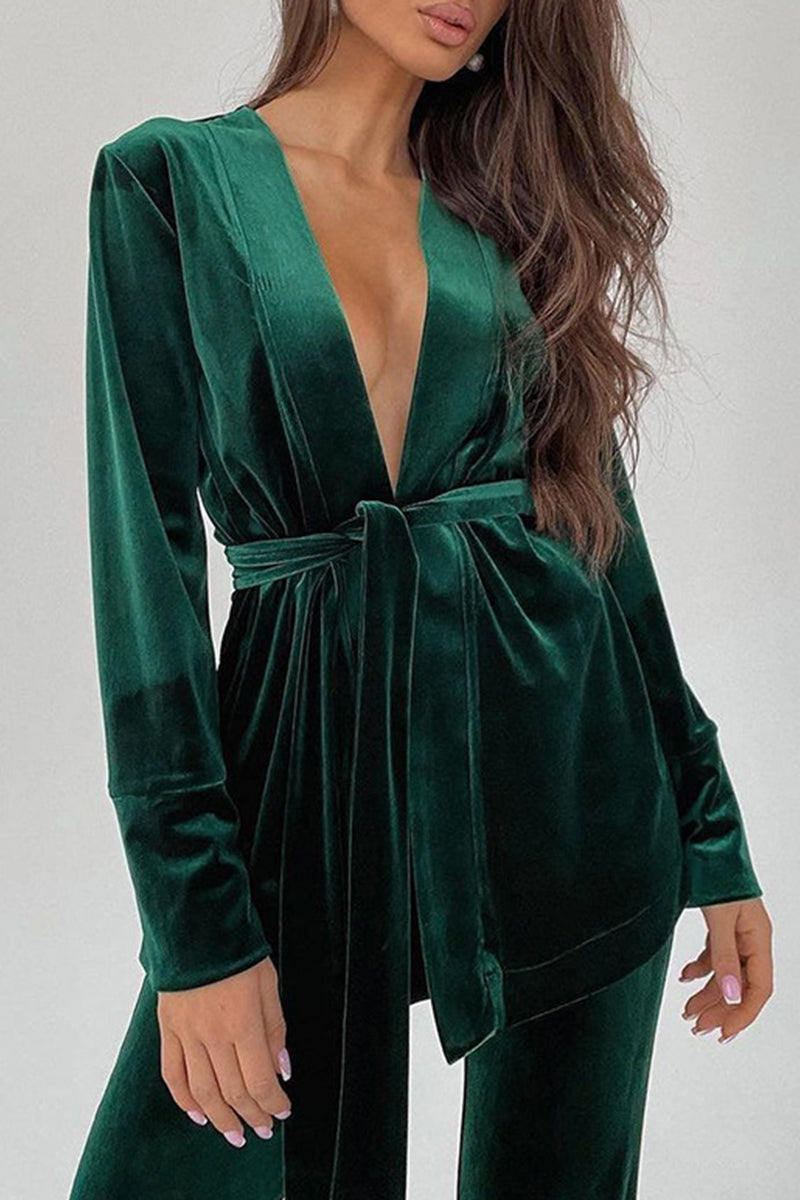 Kaynafashions - Elegant Solid Frenulum V Neck Long Sleeve Two Pieces(3 Colors)