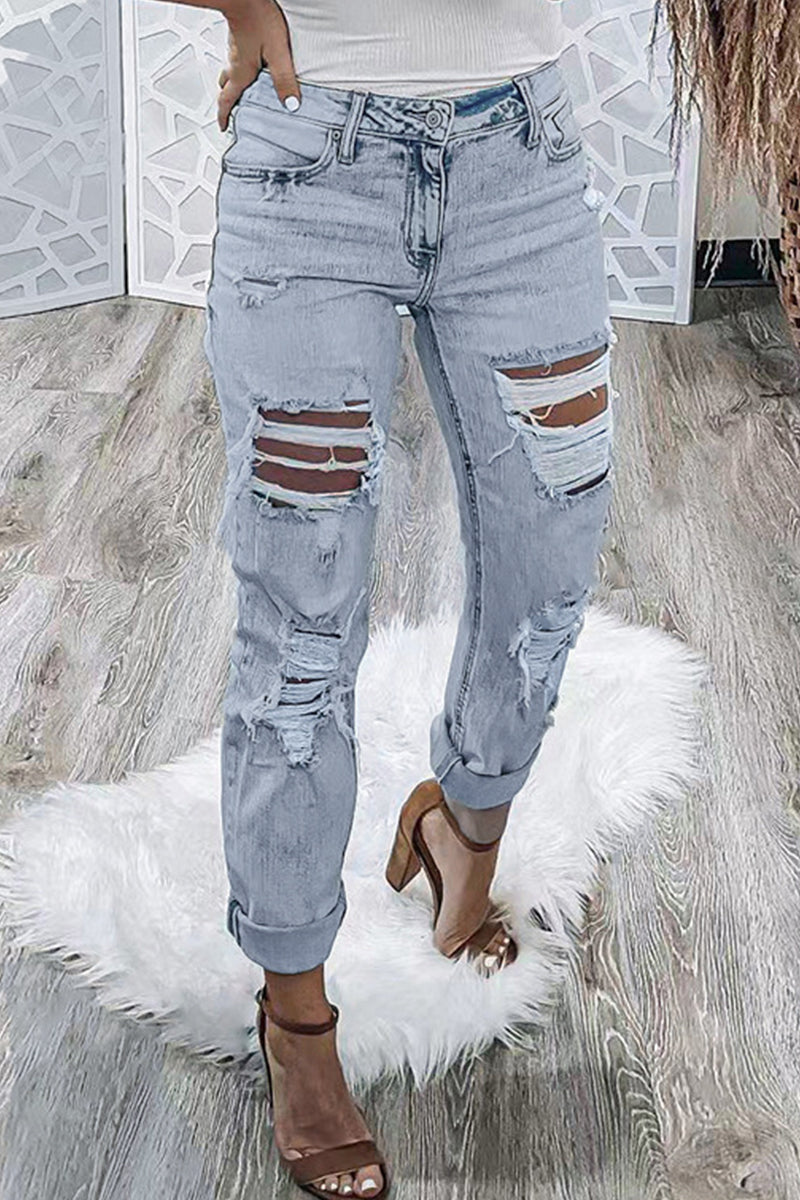Kaynafashions - Street Solid Ripped Hollowed Out Regular Denim Jeans