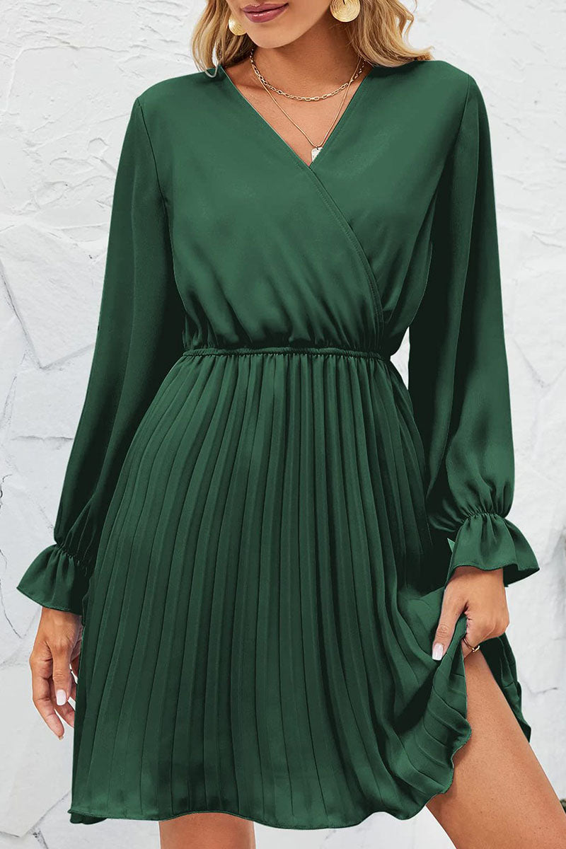 Kaynafashions - Sweet Patchwork Frenulum Fold V Neck Pleated Dresses(5 Colors)