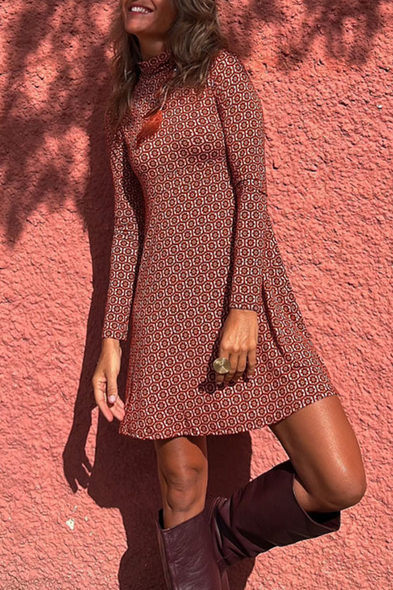 Kaynafashions - Elegant College Print Patchwork Turtleneck A Line Dresses