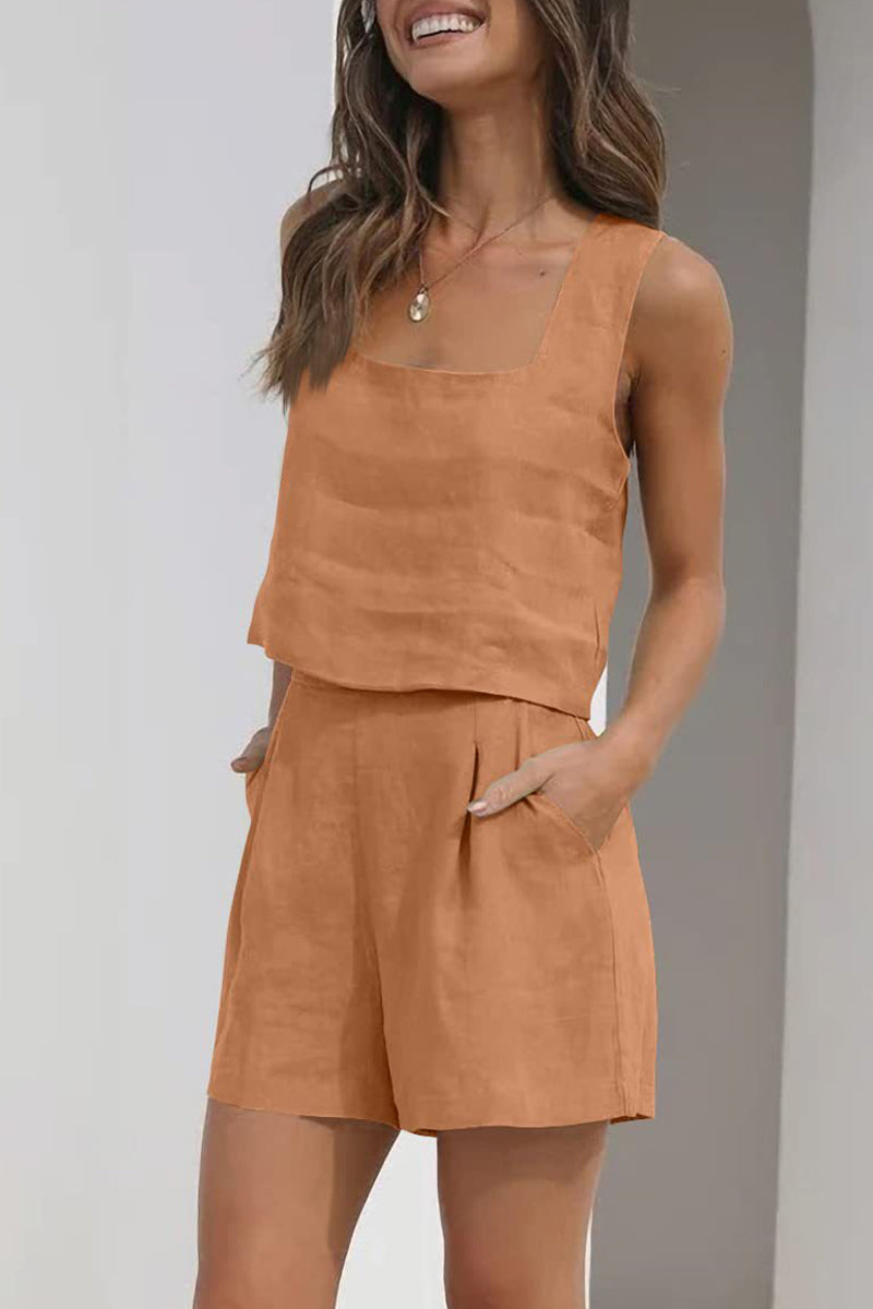 Kaynafashions - Casual Simplicity Solid Pocket Square Collar Sleeveless Two Pieces(16 Colors)