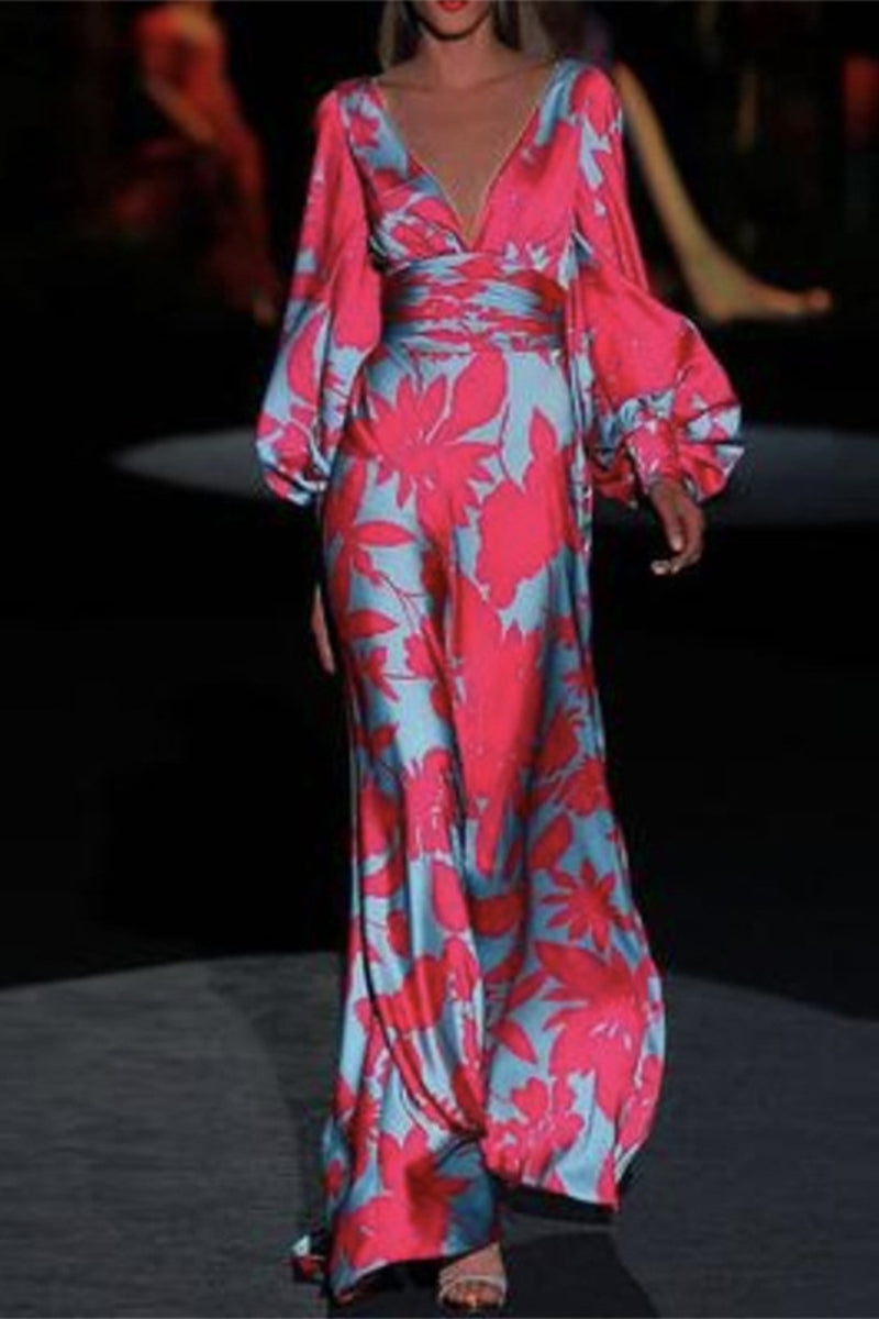 Kaynafashions - Elegant Print Printing V Neck Cake Skirt Dresses(3 Colors)