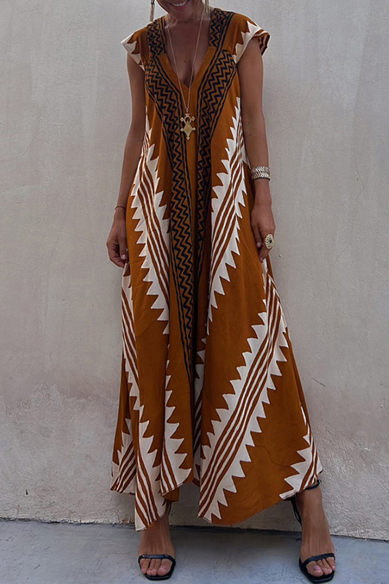 Kaynafashions - Casual College Geometric Print Fold V Neck A Line Dresses