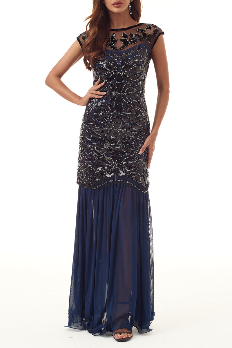 Kaynafashions - Elegant Formal Patchwork Sequins Beading Zipper O Neck Evening Dress Dresses