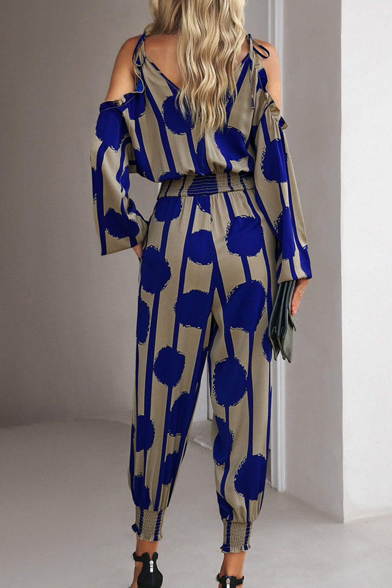 Kaynafashions - Elegant Striped Dot Patchwork V Neck Jumpsuits