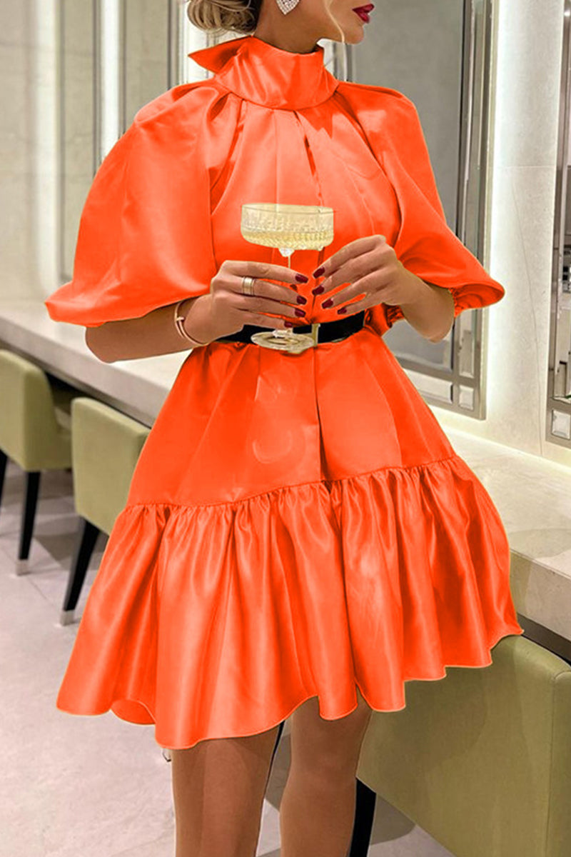 Kaynafashions - Elegant Solid Frenulum With Belt Turtleneck Princess Dresses