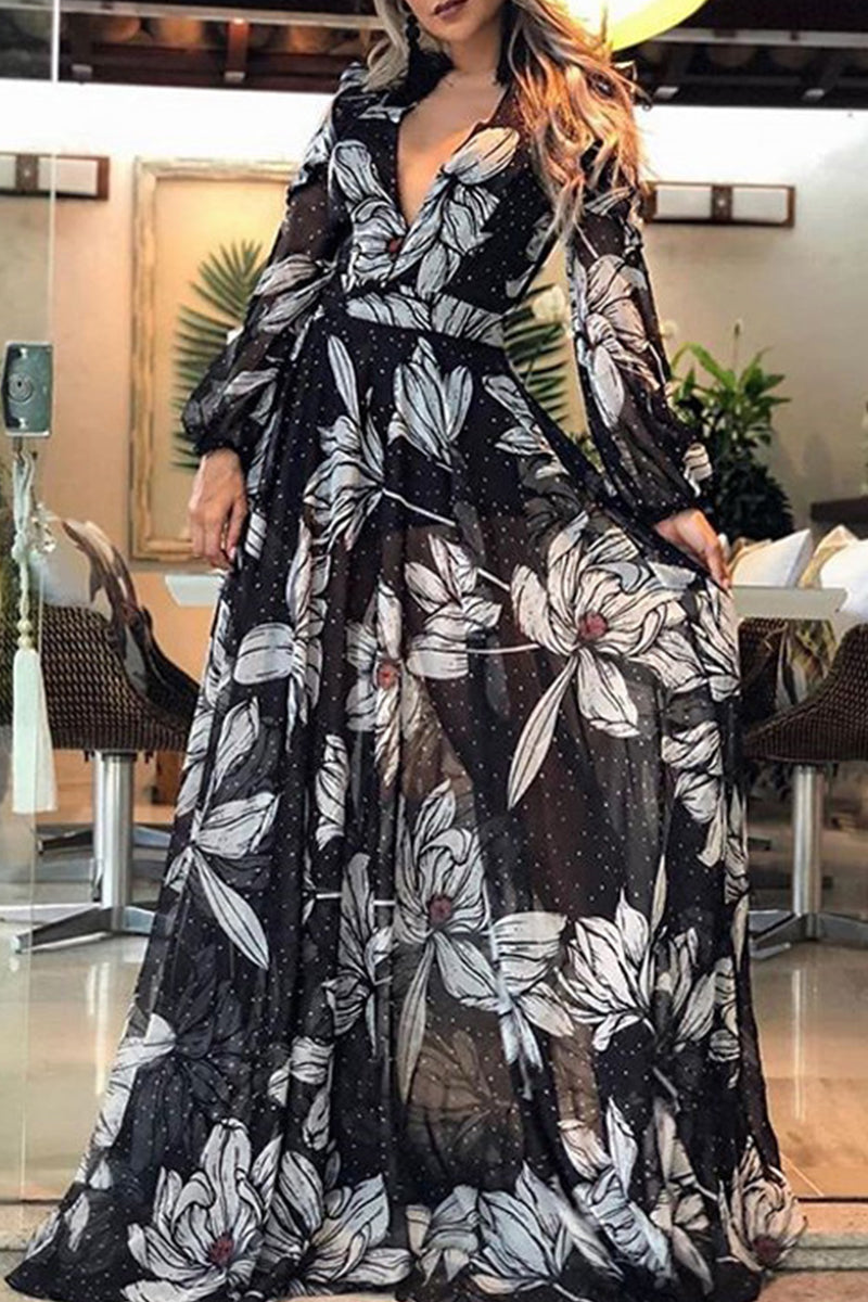 Kaynafashions - Elegant Floral Patchwork V Neck Printed Dress Dresses