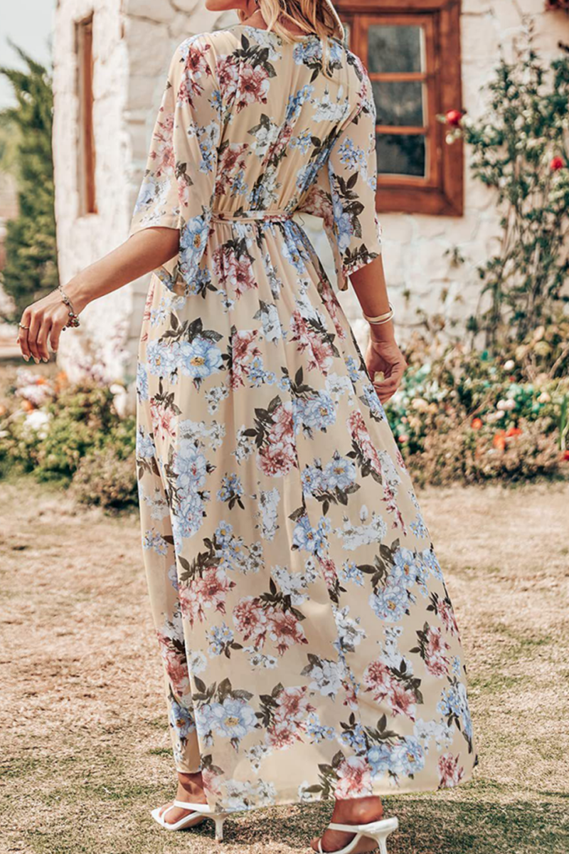 Kaynafashions - Casual Print Patchwork V Neck Waist Skirt Dresses(7 Colors)