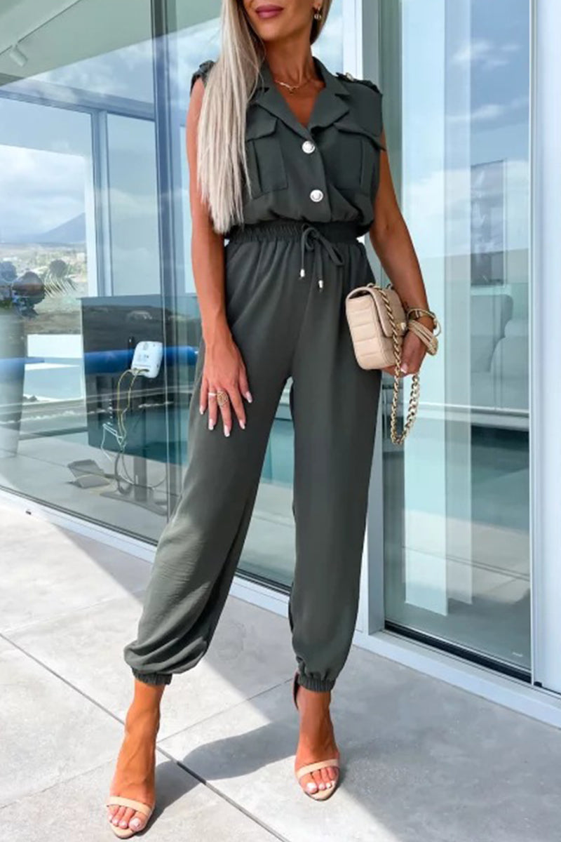 Kaynafashions - British Style Solid Pocket Turndown Collar Loose Jumpsuits(4 Colors)