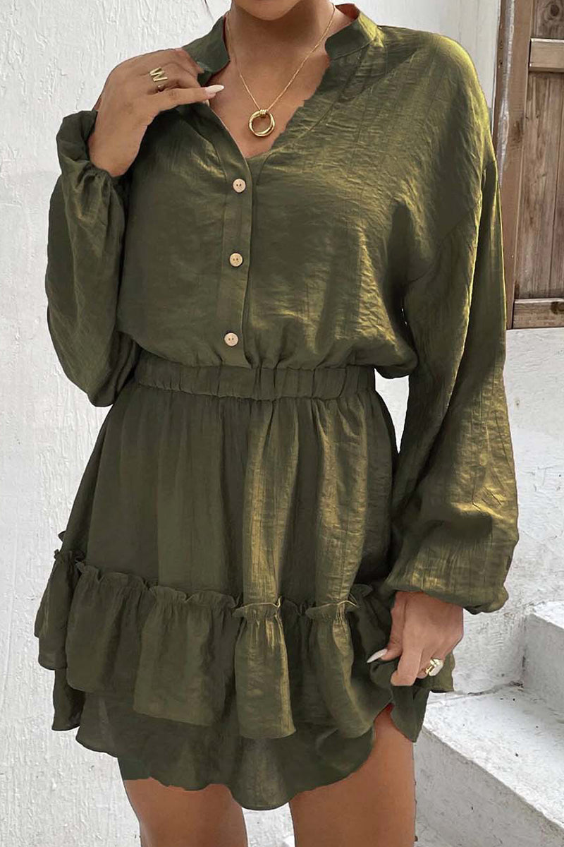 Kaynafashions - Casual Solid Flounce Half A Turtleneck Waist Skirt Dresses