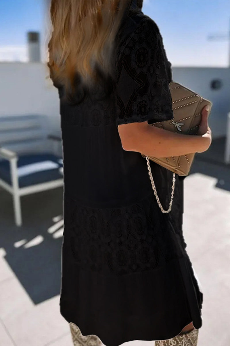 Kaynafashions - Sweet Elegant Solid Lace See-through O Neck A Line Dresses