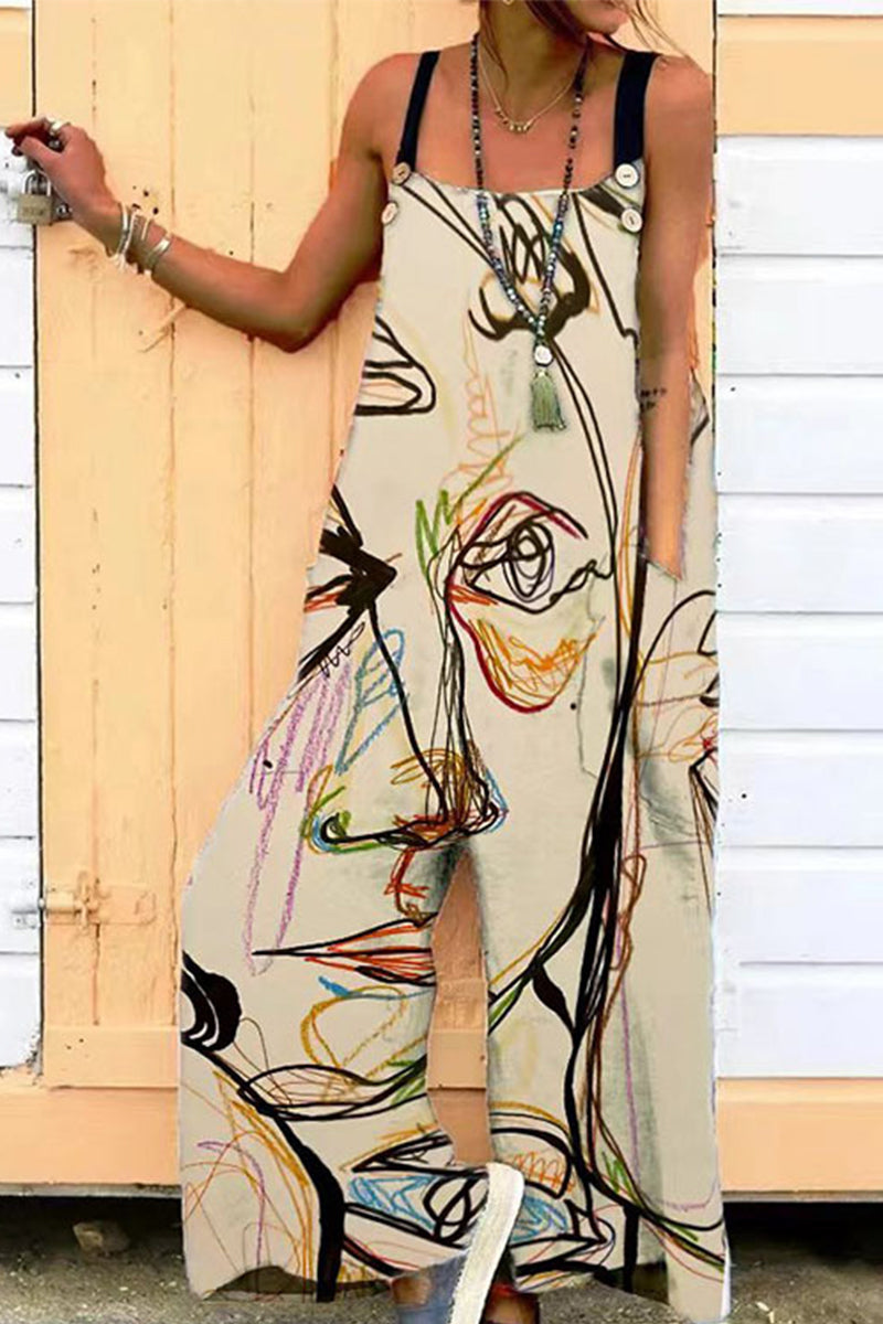 Kaynafashions - Casual Printing Spaghetti Strap Loose Jumpsuits(6 Colors)