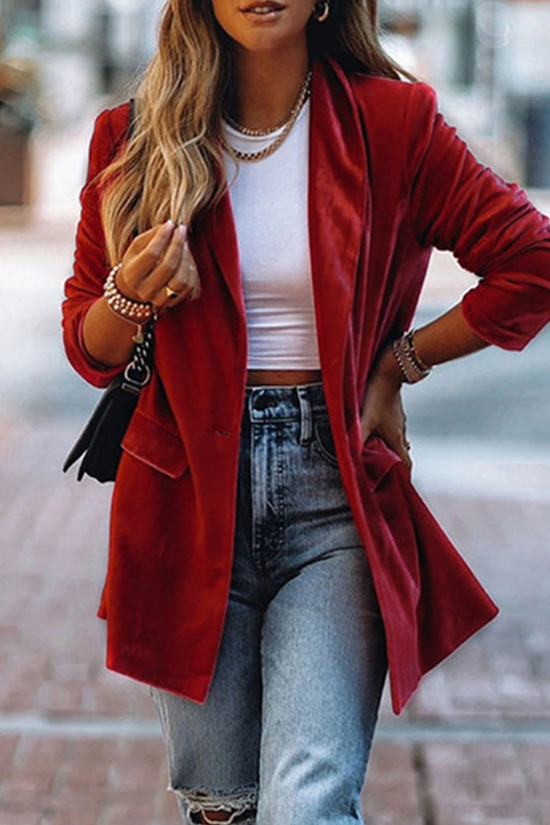 Kaynafashions - Work Solid Buttons Solid Color Turndown Collar Outerwear