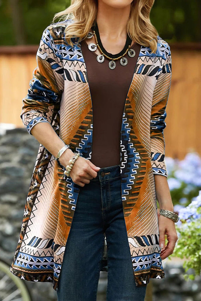 Kaynafashions - Casual College Geometric Printing Cardigan Collar Outerwear