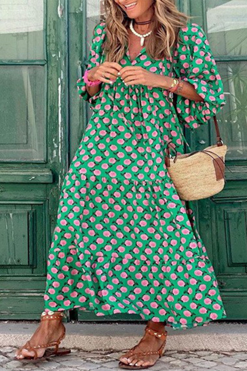 Kaynafashions - Sweet Elegant Print Floun)ce Printing O Neck Printed Dress Dresses(9 Colors)