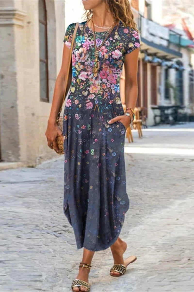 Kaynafashions - Casual Street Print Patchwork O Neck Short Sleeve Dress Dresses(10 Colors)