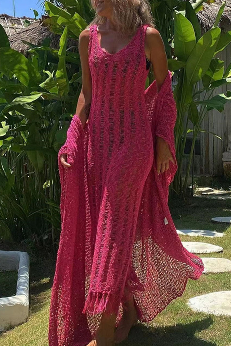 Kaynafashions - Sexy Solid Tassel Hollowed Out V Neck Sling Dress Dresses