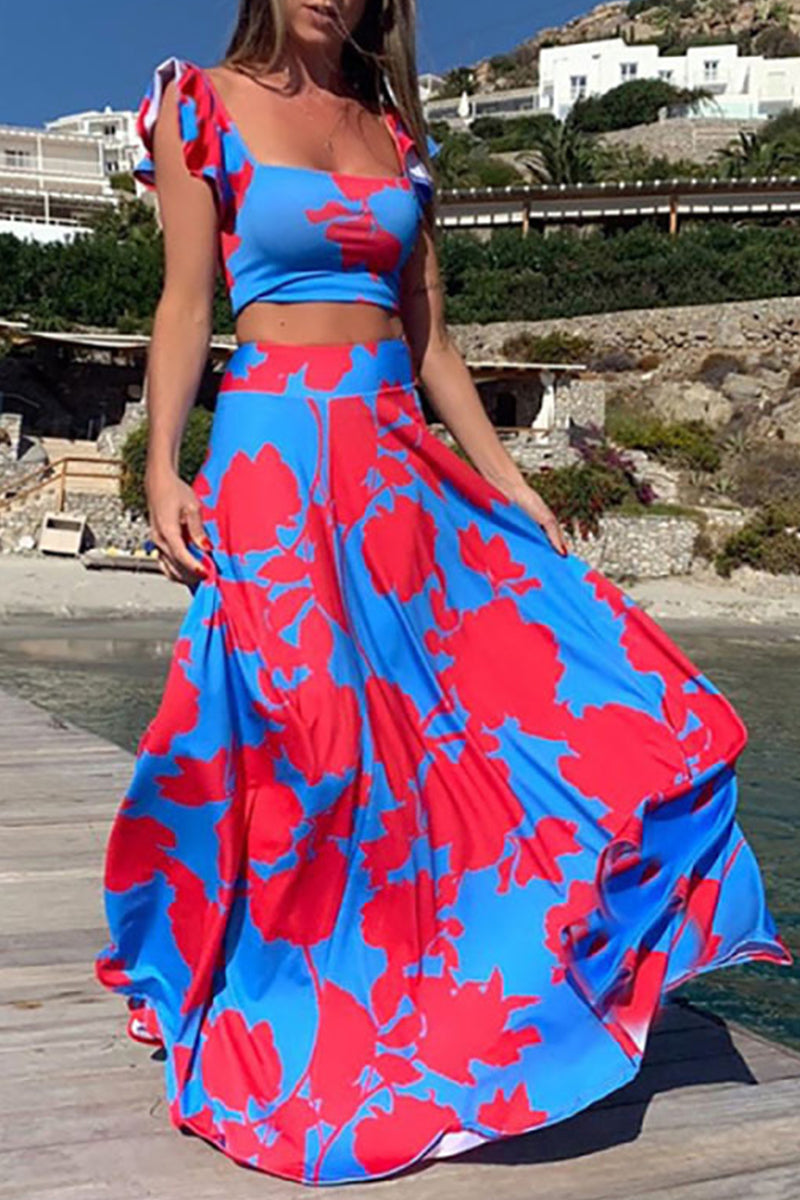 Kaynafashions - Bohemian Vacation Print Patchwork Square Collar Sleeveless Two Pieces(9 Colors)