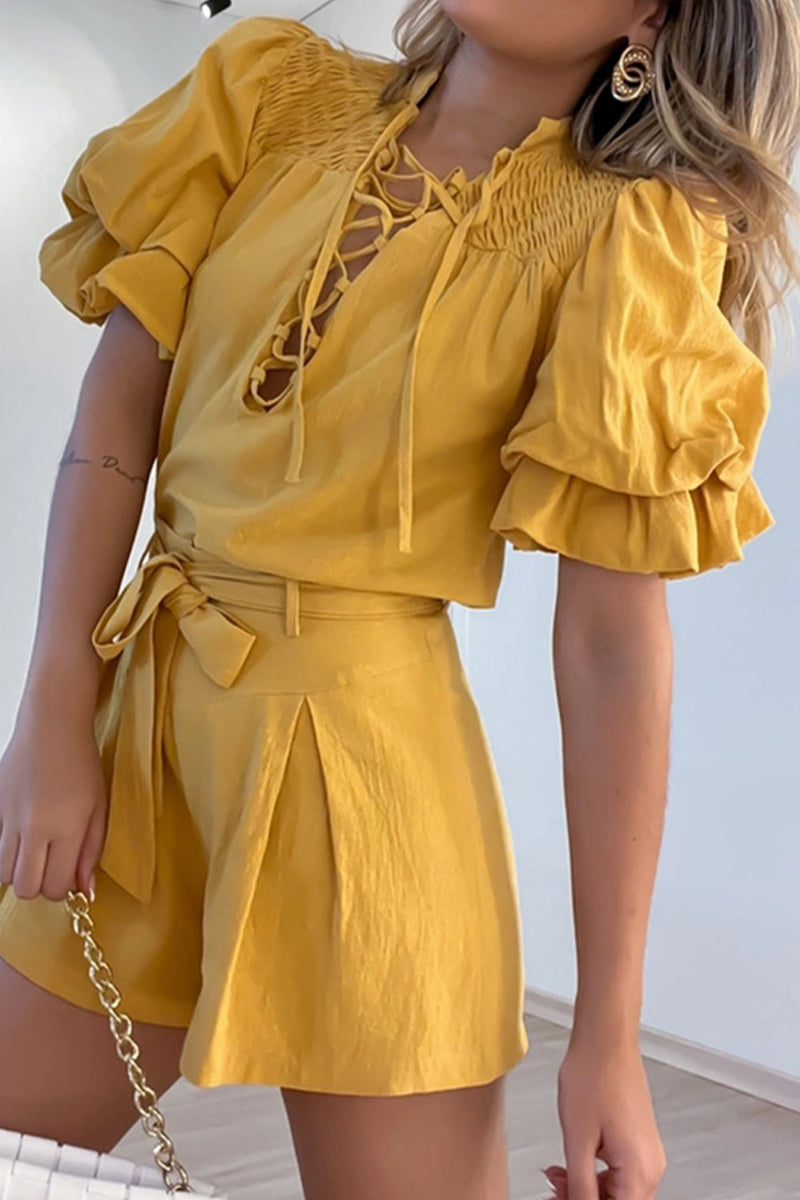Kaynafashions - Sweet Elegant Solid Frenulum V Neck Short Sleeve Two Pieces