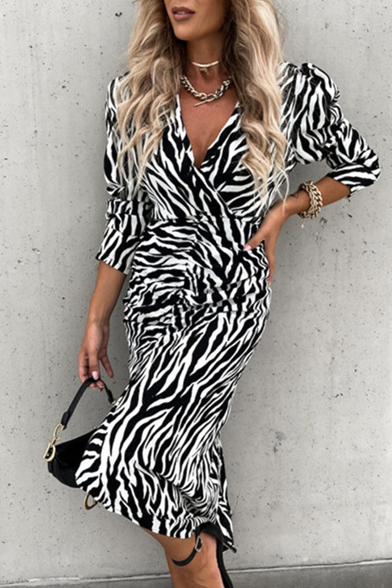 Kaynafashions - Work Elegant Printing V Neck Irregular Dress Dresses