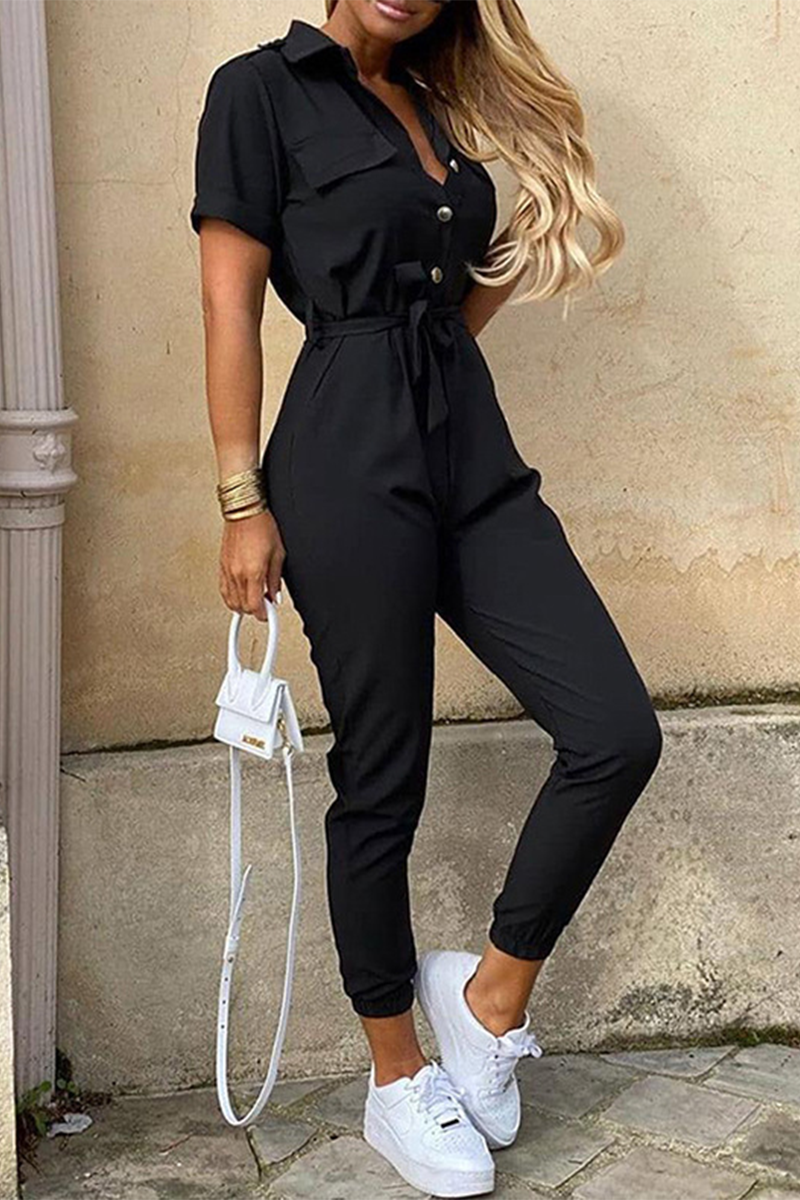 Kaynafashions - Casual Daily Solid Frenulum With Belt Turndown Collar Regular Jumpsuits(10 Colors)