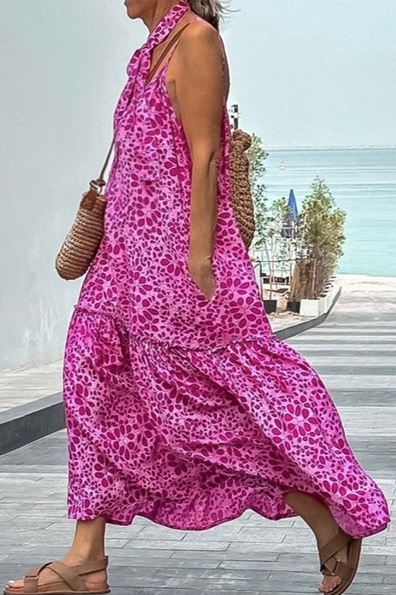 Kaynafashions - Elegant Floral Pocket Backless V Neck A Line Dresses