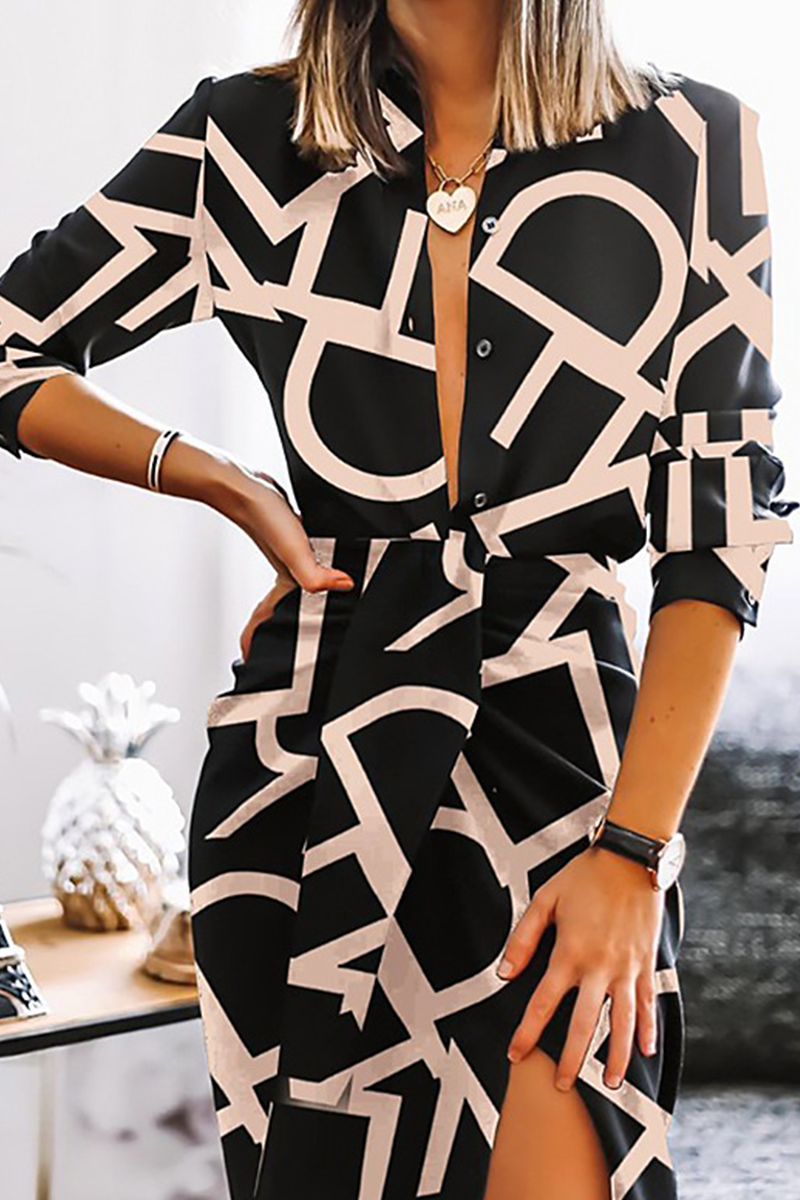 Kaynafashions - Casual Print Turndown Collar Shirt Dress Dresses