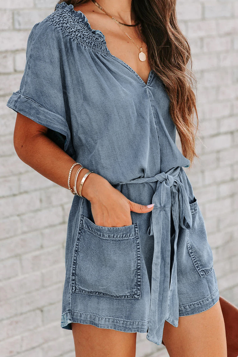 Kaynafashions - Street Solid Make Old V Neck Short Sleeve High Waist Loose Denim Jumpsuits