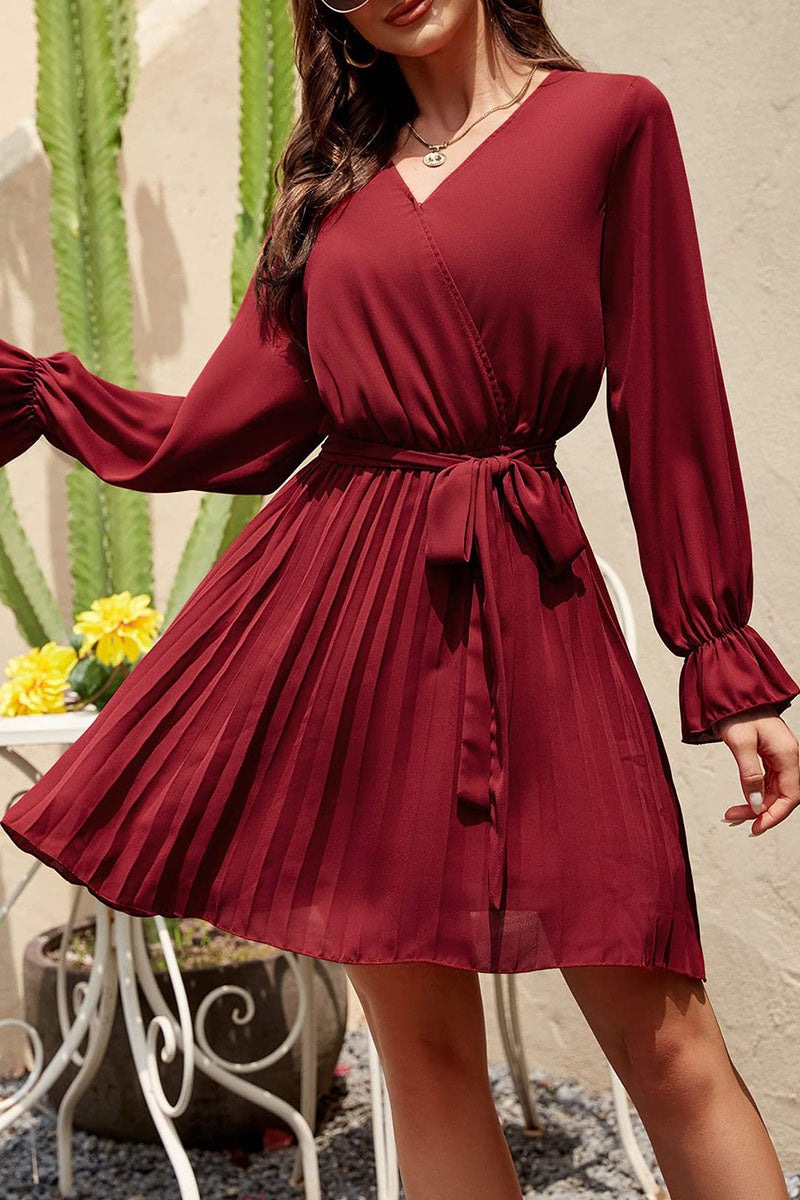 Kaynafashions - Sweet Patchwork Frenulum Fold V Neck Pleated Dresses(5 Colors)