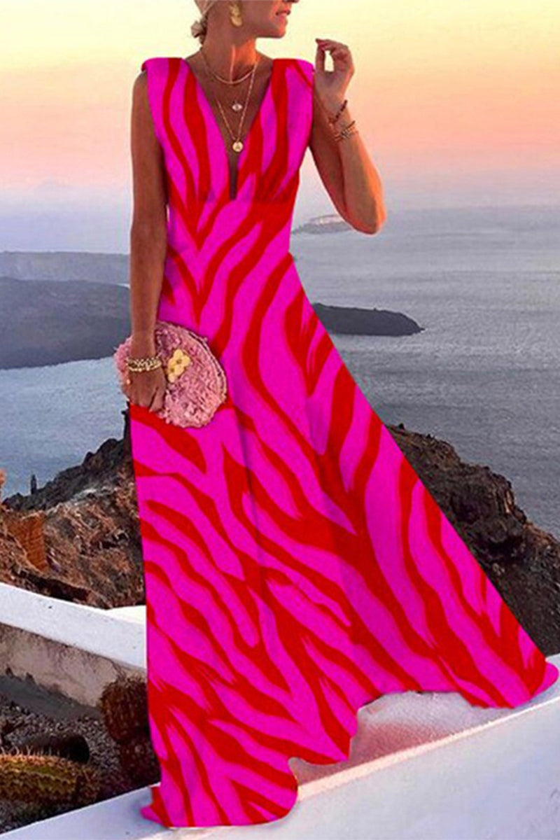 Kaynafashions - Casual Print Patchwork V Neck Cake Skirt Dresses(5 Colors)