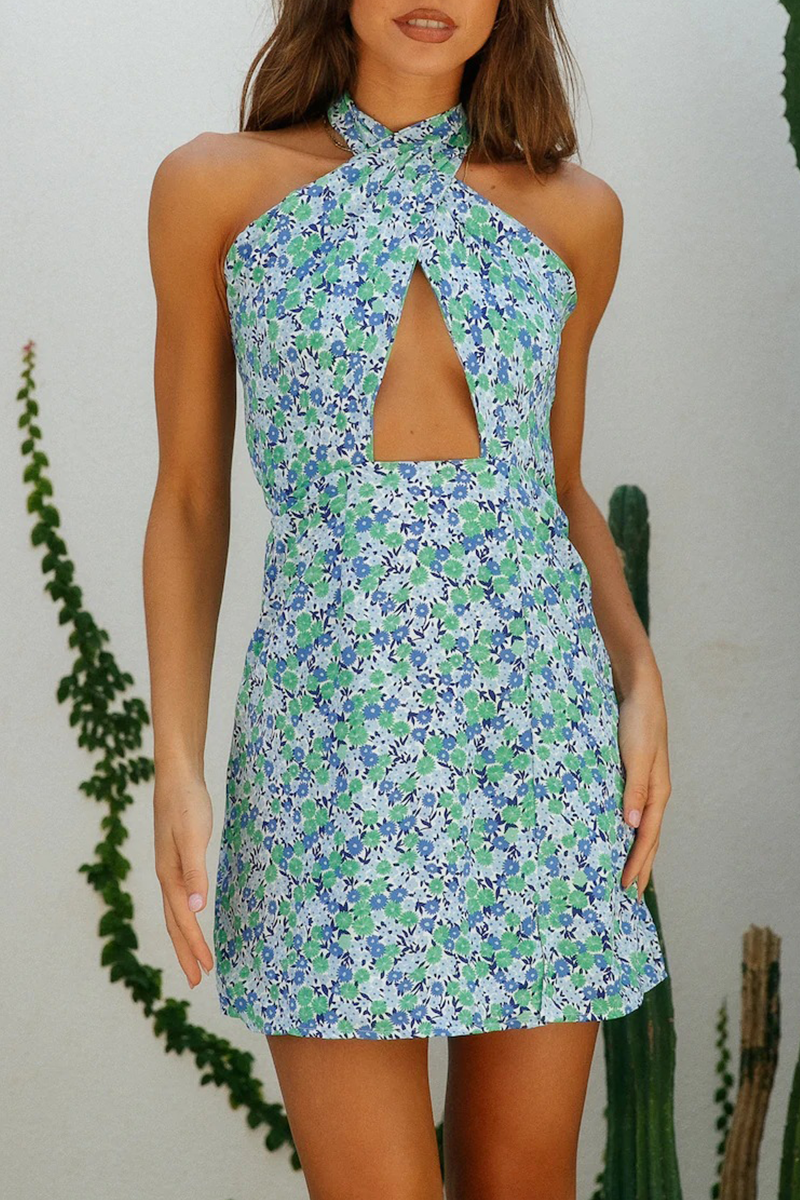 Kaynafashions - Fashion Print Hollowed Out Halter Pencil Skirt Dresses