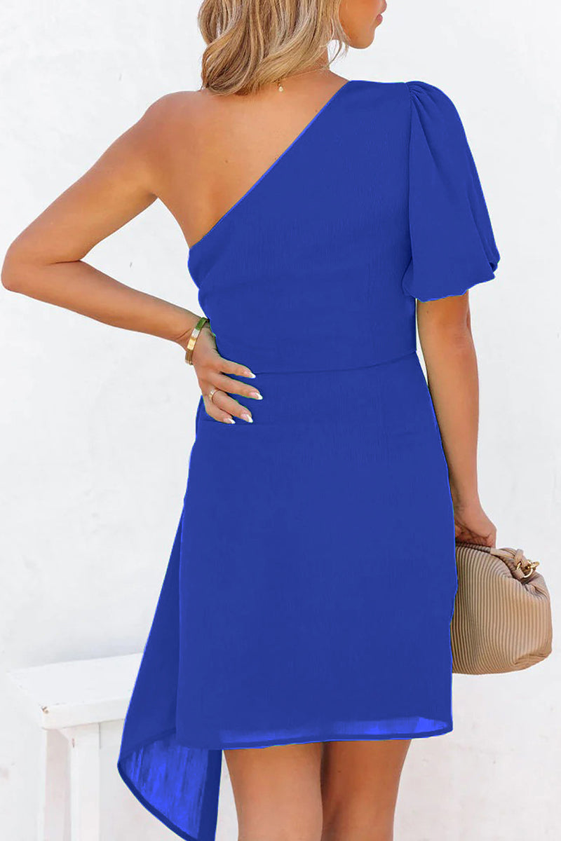 Kaynafashions - Elegant Solid Bandage Asymmetrical Oblique Collar Irregular Dress Dresses(3 Colors)