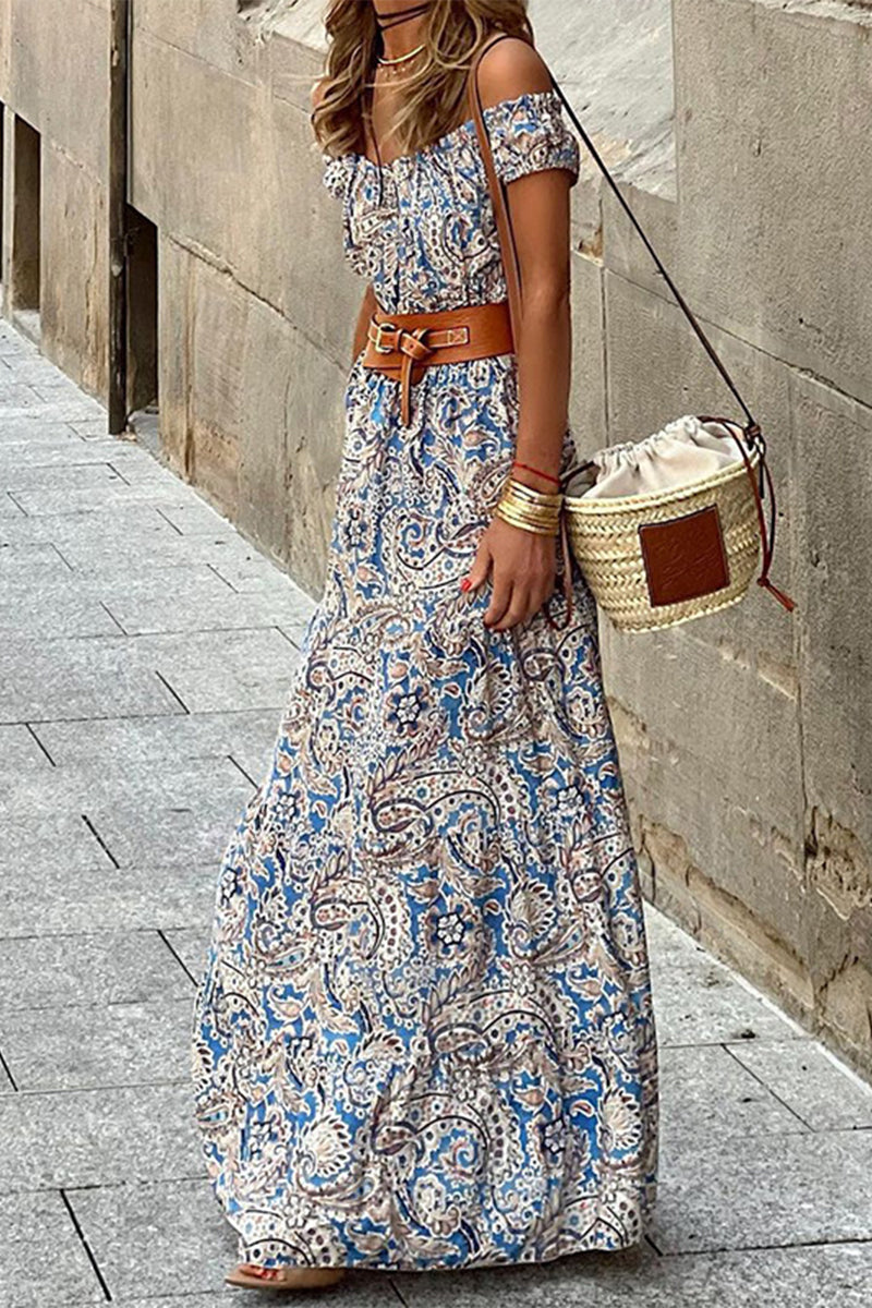 Kaynafashions - Elegant Floral With Belt Off the Shoulder A Line Dresses