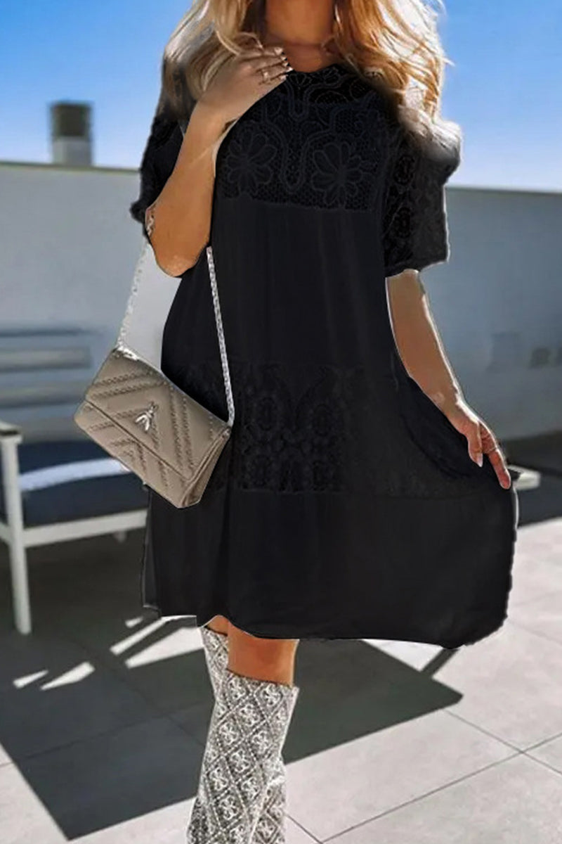 Kaynafashions - Sweet Elegant Solid Lace See-through O Neck A Line Dresses