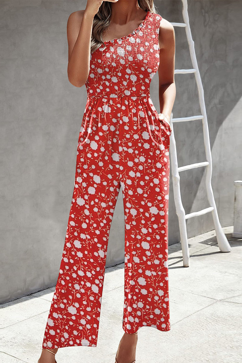 Kaynafashions - Casual Print Patchwork Pocket Oblique Collar Loose Jumpsuits