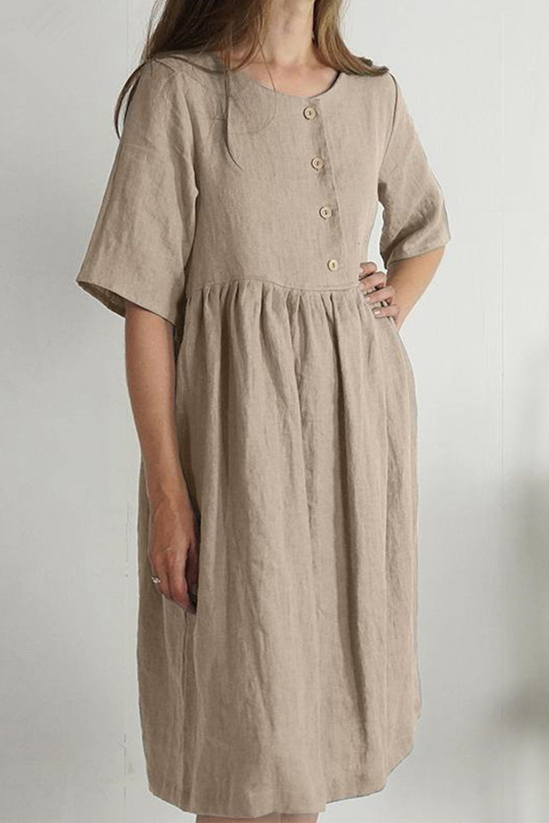 Kaynafashions - Casual Solid Buttons O Neck Short Sleeve Dress(4 Colors)